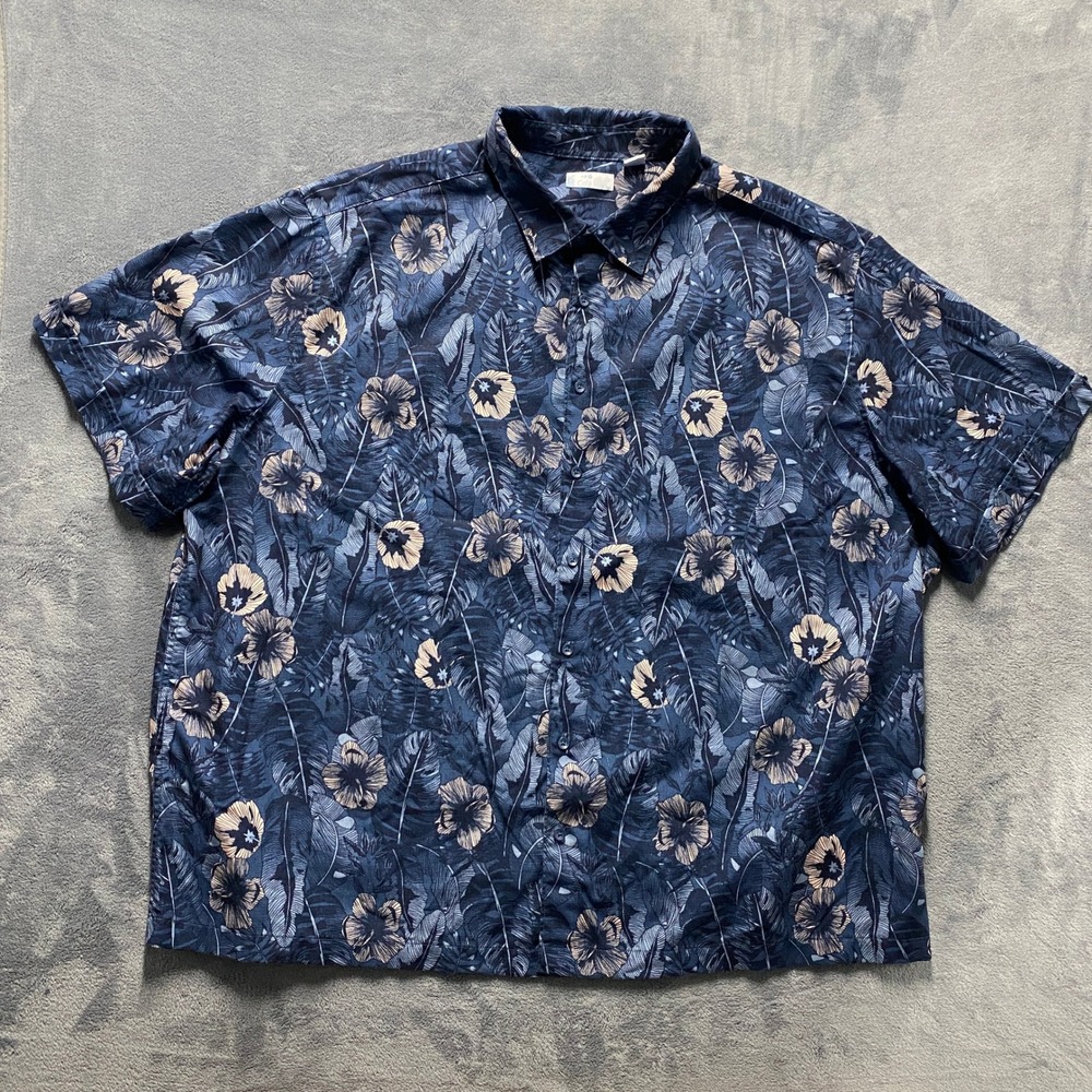 Cafe Luna Button Down Shirt Mens 3XL Blue Excellent Tropical Hibiscus Floral S/S
